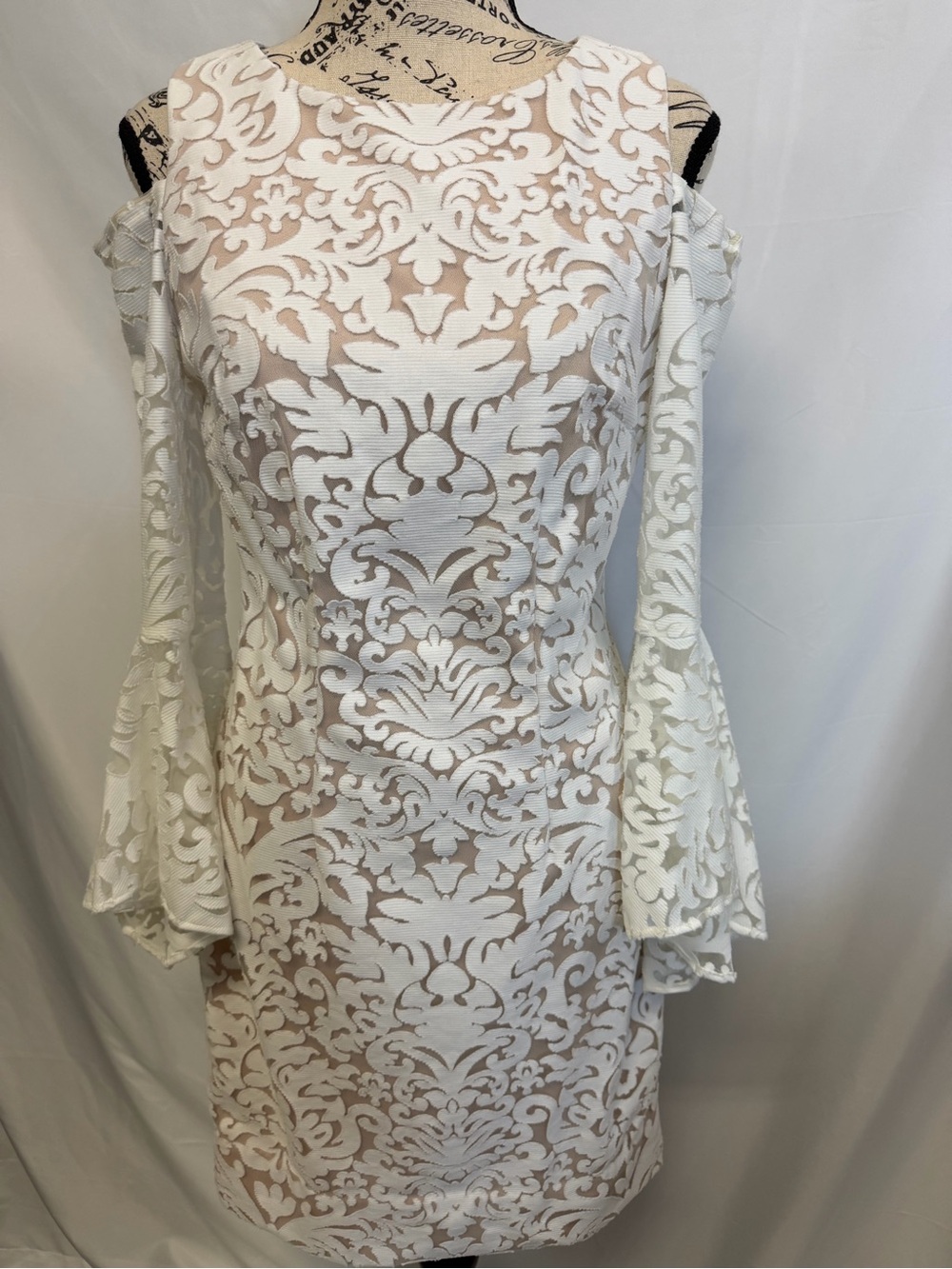Avery G Ivory Nude Damask Cold Shoulder Bell Sleeve Dress